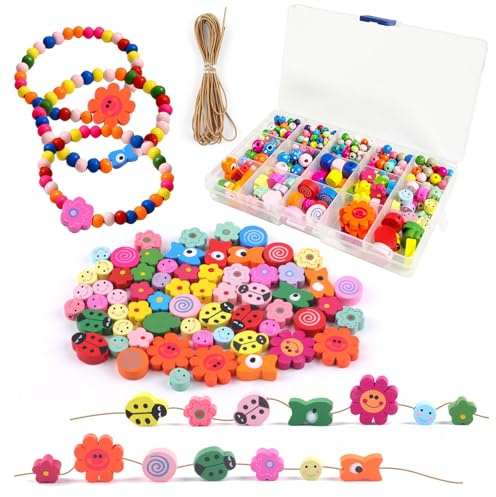 Deepton Holzperlen zum Auffädeln, Bunt Perlen zum Auffädeln | Blumen Tiere Holzperlen mit Schnur, Basteln ab 3 Jahre, Bastelperlen für DIY Armbänder Schmuck Halsketten