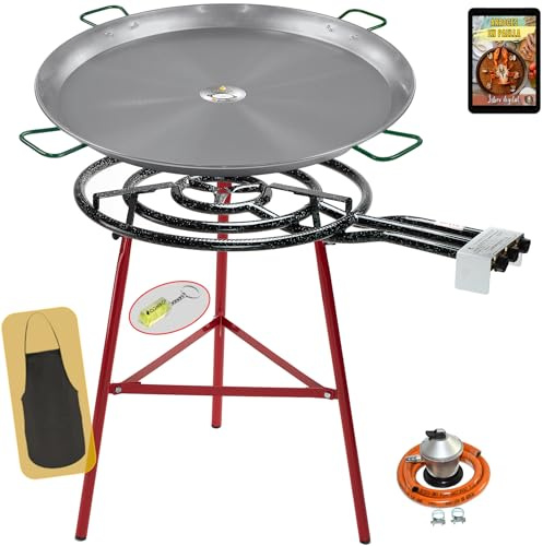 COMBOI Kit Quemador Paellero de Gas Butano 70 cm, Paellera de Acero Pulido 90 cm, Regulador de Gas, Manguera, Soporte Patas Reforzadas, Nivel, Delantal, Libro de Recetas Digital