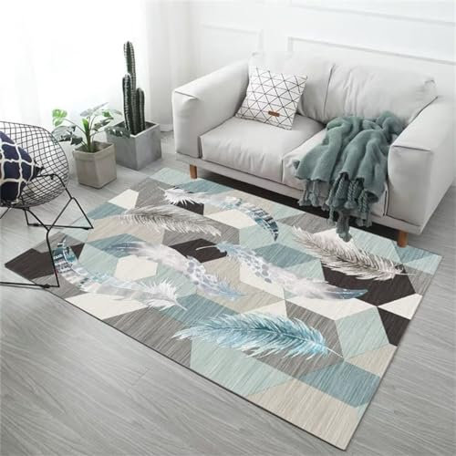 RUGMRZ Bettumrandung Teppich Maschinenwaschbarer Moderner Kinderzimmer-Wohnzimmerteppich Mit Geometrischem Federmuster Kinderzimmer Teppiche Mädchen 200X250Cm Blau
