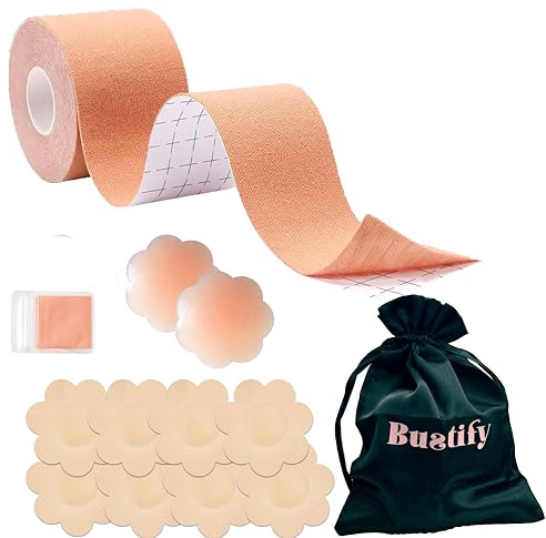 Bustify BoobTape Cinta Adhesiva Pecho - Sujetador Sin Espalda PushUp Resistente al Agua Invisible Extensible Hipoalergénico con Protectores de Pezones