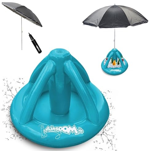 Airboom KOMPLETT-Set- aufblasbarer Schirmständer für Strandschirme Getränkekühler Sonnenschirmhalter Strand Camping Sonnenschutz (blau) inkl. Strandschirm 160cm und Pumpe (blau)