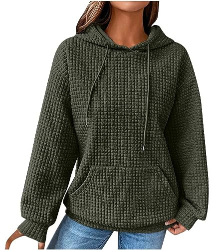 KOG Waffel Hoodie für Damen Baumwolle Kapuzenpullover Einfarbige Sweatshirt mit Kapuze Elegant Bekleidung Frau Pullover Mode Kleidung Teenager Mädchen Casual Oversized Sale Damen Dunkelgrün XL
