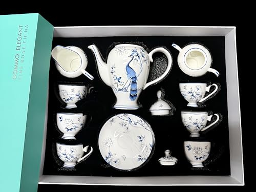 GOMMO Elegant Fine Bone China Teapot Set Serving 6 People Silky White with Lustrous Gold Banding 30oz（4 Cups） (21, Blue Peacock)