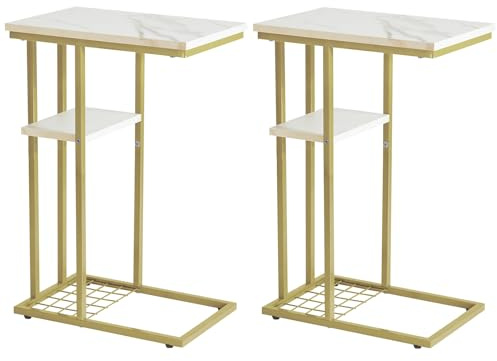 YMYNY C-Formad sidobord, uppsättning av 2, sidobord för soffa och säng, soffbord för små utrymmen, vardagsrum, sovrum, industriellt litet bord med förvaringshylla, marmormönster vitt och guld HST004W