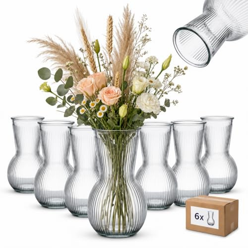 gouveo 6er Set Glasvasen Vertical 180 rund geriffelt – Vasen aus transparentem Klarglas mit Lichtbrechung für Tischdeko, Hochzeit, Geburtstag (VV180T)