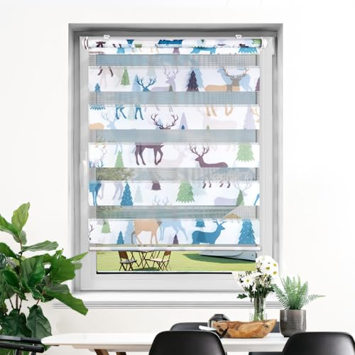 Deswell Doppia tenda a rullo, fissaggio senza fori, motivo natalizio, alce bianche, larghezza 40 x altezza 150 cm, larghezza 36 cm, doppia tenda a rullo con motivo, doppia tenda avvolgibile per