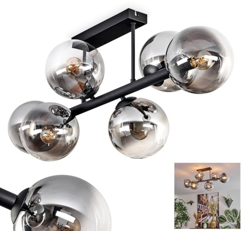 HOFSTEIN Deckenleuchte Gastor, 6-flammige Deckenlampe aus Metall/Glas in Schwarz/Rauch/Klar, Leuchte im Retro/Vintage-Design (Schirme Ø 15 cm), E14, Esszimmer, Wohnzimmer, Schlafzimmer, Küche