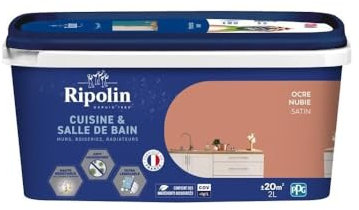 Ripolin - Peinture Intérieure Cuisine et Bain – Murs, Boiseries et Radiateurs - Adapté Pièces Humides - Effet Perlant - Lessivable - Haute Résistance - Ocre Nubie - Satin - 2L