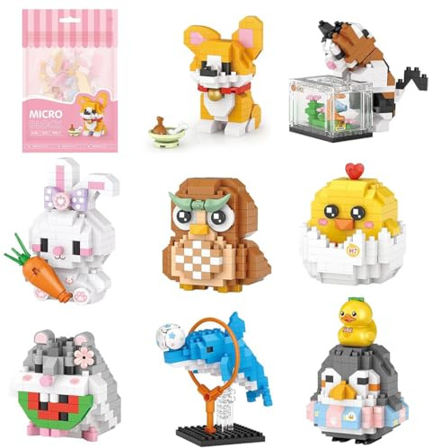 Tiere Bausteine Bausatz, 8 Stück Mini Bausteine Set, Klemmbausteine Tier Figuren Mini Bricks Modellbausatz Konstruktion Modell