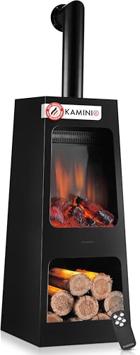 KAMINIO Chimenea eléctrica de jardín Kai - Horno terraza eléctrico con calefacción, Efecto de Llama 3D, Almacenamiento de leña, luz Ambiental LED, Control Remoto (Large con Tubo)