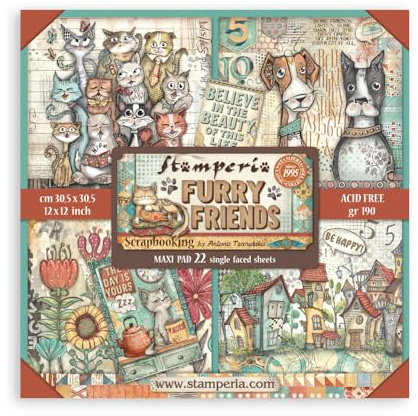 Stamperia - Scrapbook Paper Pad for Scrapbooking, Albums, Card Making, Bullet Journalling and More, Acid Free, Single Face, Perfect for Hobbies, Crafts, and Gifting (Furry Friends) (30.5 x 30.5cm)