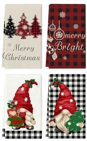 Scinzene 4 Weihnachtsdeko Geschirrtuch Weihnachten Set, 45x70cm Cute Elfen und Weihnachtsbäume Muster Weihnachts Geschirrtücher Saugfähig Durable Handtücher Weihnachten für Küche Deko