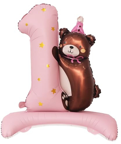 Gleemix Luftballon Geburtstag 1, Bär Folienballon XXL, Rosa Teddybär mit Standfuß Selbststehend Luftballon, für 1. Geburtstag Mädchen, Kindergeburtstag, 97x75cm