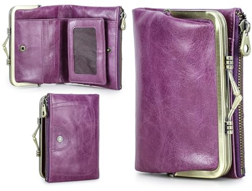 Contacts Cartera RFID para Mujer con Cierre de Beso, Monedero Bifold Compacto de Cuero Genuino para Damas con Bolsillo con Cremallera Vintage, Tarjetero Pequeño Clutch con Ventana de ID, morado claro