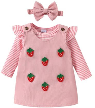 Eqenkely 3Pcs Ensemble Nouveau-né Fille Jupe à Bretelles en Velours Côtelé + Barboteuse Rayé Tops + Bandeau Jolie Vêtements d'Automne Hiver 0-24 Mois CC 18-24 Mois
