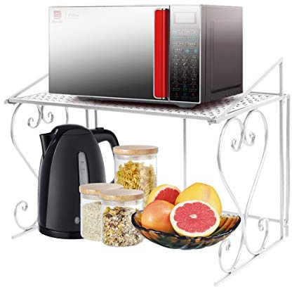 P&B Stable Microwave Shelf Stand Metal Microwave Oven Rack Single Layer Kitchen Storage Organiser Countertop Space Saver for Small Kitchen Bathroom (White)