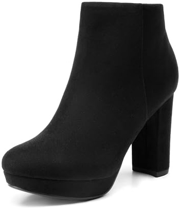 DREAM PAIRS Women's Stomp Black High Heel Ankle Bootie | Suede upper, 4 heel, Platform, 11 shaft, Top circumference, Block heel, Classic style, Side zipper, Slip-on design