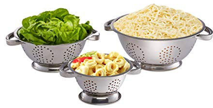 Relaxdays Set de tres coladores, Escurridor de pasta, Ø 15 cm, 20 cm & 25 cm, Acero inoxidable, Con asas, Plateado