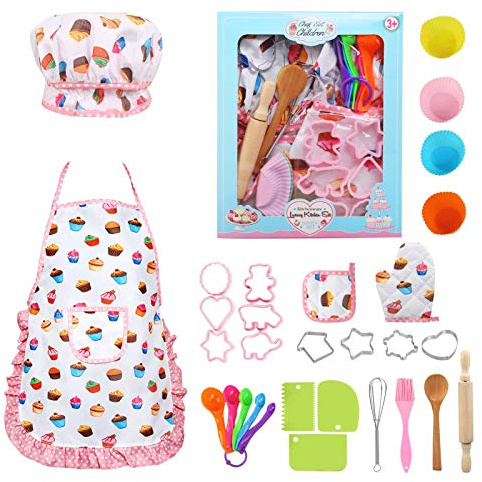 LEADSTAR Kids Baking Sets, Easter Kid Aprons for Cooking, Kids Cooking Set,Kid Chef Set Childrens Chef Hat Apron Kitchen Baking Kits Children Toy Easter Festivals Gift for 3-12 Year Old Girls-30 PCS