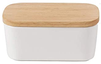 Keramik Butterdose 16,5x9,5x7,0cm, Versiegelte Silikon Butterdose, Emaille Butterdose Holzdeckel Mit Bambusdeckel – Luftdichte Box – Silikonring Silicon-White