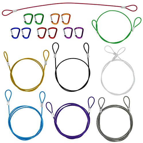 8 Piezas Cuerdas de Seguridad de Acero Inoxidable, Cables de Bloqueo,Candado de Cable, con 10 Mosquetón de Bloqueo