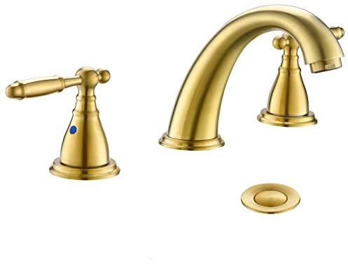 Phiestina Widespread Brushed Gold 8 Inch 3 Hole 2-Handle Bathroom Faucet with Metal Pop-Up Drain Assembly, Low Arc Bathroom Sink Faucet, WF008-4-BG