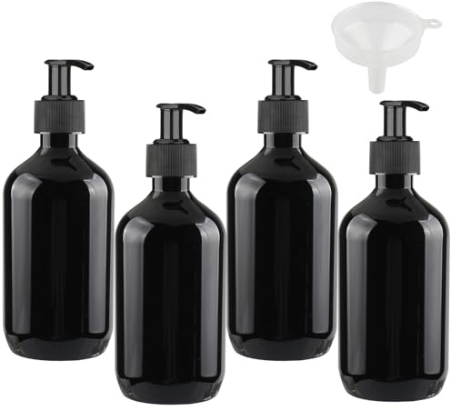 ZEOABSY 4 Stück Leere 300 ml Kunststoff Schwarz Seifenspender, 300ml 10 oz Lotionspender Flasche mit Gelspender Pumpflasche zum befüllen für Shampoo Badezimmer Hotel Lotion, Gel mit Trichter