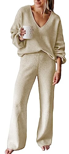 Viottiset Damen Lässiger Lockerer Pyjama Trainingsanzug Sweatshirts 2-Teilige Langarm Übergroßes Lounge-Set Aprikose L
