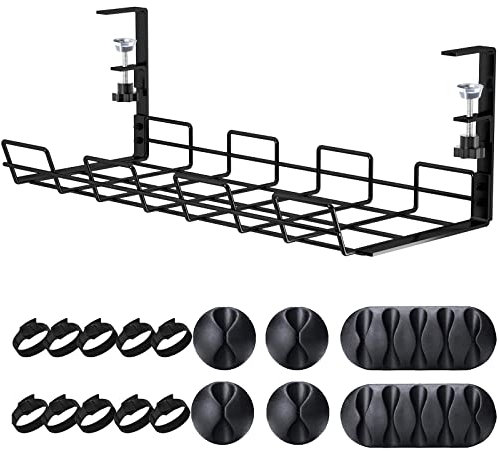 Tyrkuiy Under Desk Cable Management Tray, No Drill, Sturdy Metal, Black, 15.75 Inches