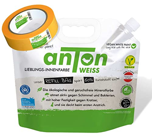 Anton Weiss NEU inkl. Maler Krepp Washi Tape, Bio FLEXI BAG, Wandfarbe weiß, hohe Deckkraft&Kratzfestigkeit, beugt Schimmel vor, 4,5L, 40m2, matt, geruchsarm, Allergikerfreundlich, VEGAN