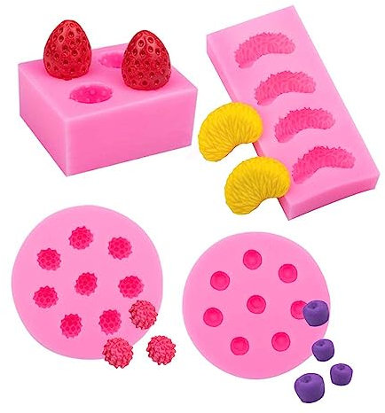 Fruit Series Lot de 4 moules en silicone pour décoration de gâteau, orange, myrtille, framboise et fraise