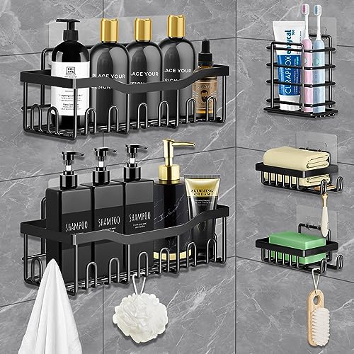 Estanteria baño, Estanteria baño sin taladro, paquete de 5 estantes de ducha de acero inoxidable con ganchos y soporte para pasta de dientes, para baño, dormitorio y cocina, negro