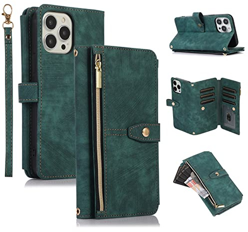 UEEBAI Hülle für iPhone 15 Pro Max, Leder Klapphülle, Retro Grün | 9 Kartenfäche Lederhülle mit Umhängegurt Handschlaufe Ständer Reißverschluss Handyhülle Magnetverschluss Wallet Flip Case