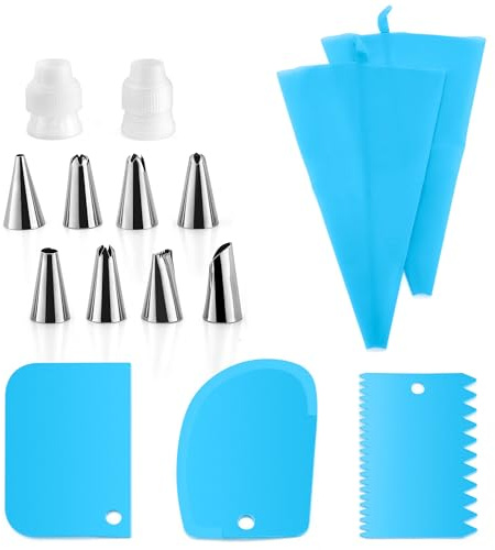 E-far Piping Bags and Tips Set, Cake Decorating Kit Baking Supplies with 2 Reusable Silicone Pastry Bags, 2 Couplers, 8 Icing Tips and 3 Cake Scrapers, Baking Decorating Tools for Cake Cookie Cupcake