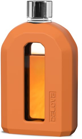 Delove Modern Glass Hip Flask with Silicone Sleeve- Small Portable Travel Liquor Flask- Clear Pocket Drinking Alcohol Flask for Men- Wedding Party, Groomsman, Gift- 7.5oz/220ml,Brown