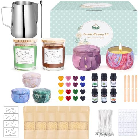 Trulloyoo DIY Kerzenherstellung Kit, Kerzen Selber Machen Set für Erwachsene Kinder, Duftkerzen Machen Set mit 625g Bienenwachs, 6 Duftöl, 16 Farbblöcken, Schmelztopf, Dochten, Kerzendosen, Aufklebe