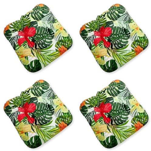 4L Textil 4er Set Stuhlkissen mit Bändern Indoor & Outdoor Sitzkissen 45x45 Gartenstuhlauflagen Sitzauflagen Bodenkissen 40x40 (Blumen Grün, 4er Set | 45x45 cm)