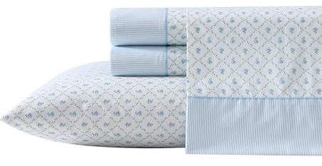 Laura Ashley - Sheet Set, Breathable Percale Cotton Bedding, 200 Thread Count, Deep Pocket, Chic Home Decor (Kate Blue, King)