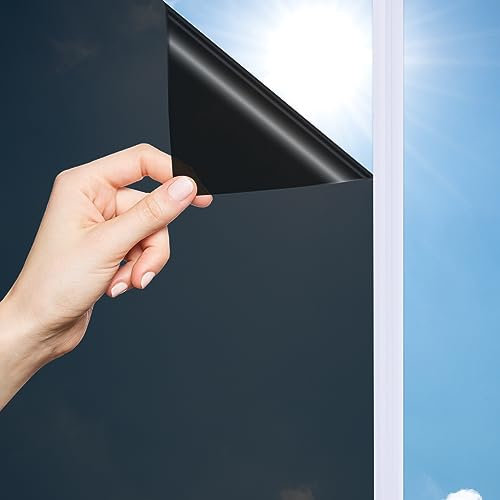 OFHome Fensterfolie Blickdicht von Aussen, Spiegelfolie tönungsfolie selbstklebend scheibentönungsfolie, Sichtschutz Sonnenschutzfolie mit Kleber, Thermofolie Fenster Gegen hitze, Schwarz, 30x300cm