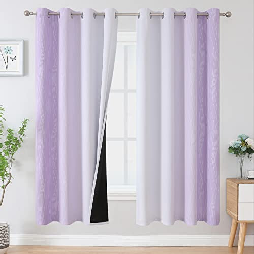 VEHEDE Gradient Wave Blackout Curtains for Living Room, Eyelet Home Decorative Thermal Insulated Ombre Curtains & Drapes for Kids Bedroom, W52 x L63 Inch, Lilac and Greyish White, 2 Panels