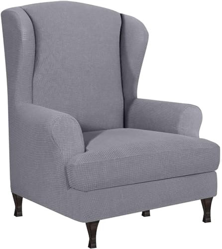 HACLEN Wasserdichter Bezug für Flügelsessel, mit Kissenbezug, dehnbar, waschbar, Ohrensessel-Schonbezug (Hellgrau, Einheitsgröße)