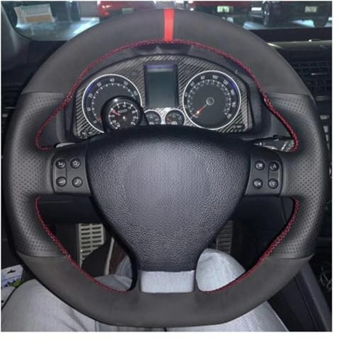 Lenkradhüllen Für VW Für Golf 5 Mk5 Für GTI R32 Für Passat R GT 2005 Auto Lenkrad Abdeckung Schwarz Wildleder DIY Hand-genäht Lenkradbezug Auto(Red Thread)