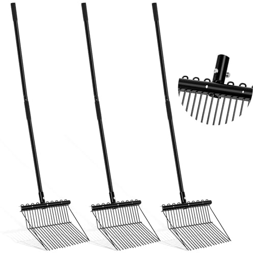 Lasnten 3 Sets Metal Manure Fork with Long Metal Handle Pitch Fork Manure Rake Black Heavy Duty Muck Rake for Gardening Horse Stall Stable Grass Hay Cleaning Farm Work