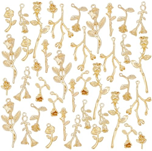 PH PandaHall 40 Stück 10 Stile Rosenanhänger Goldene Rosenzweig Anhänger Rosenanhänger Blumen Charm Anhänger Für Ohrringe Halsketten Armbänder Basteln