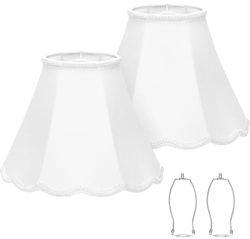 Scalloped Lamp Shades Set of 2, White Lamp Shade with Petal Edge Braid, 6.1Top x 13Bottom x 9.6High, Bell Lamp Shades for Table Lamps Floor Lamps, Spider, Harp Holders Included, Easy Assembly