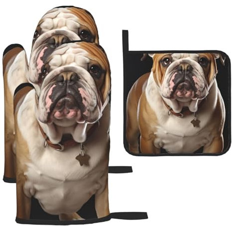 Ofenhandschuhe und Topflappen, 3-teiliges Set, Kochhandschuh, Englische Bulldogge, Ofenhandschuh, hitzebeständig, Ofenhandschuh zum Kochen, Küche, Ofenhandschuhe, rutschfeste Ofenhandschuhe für