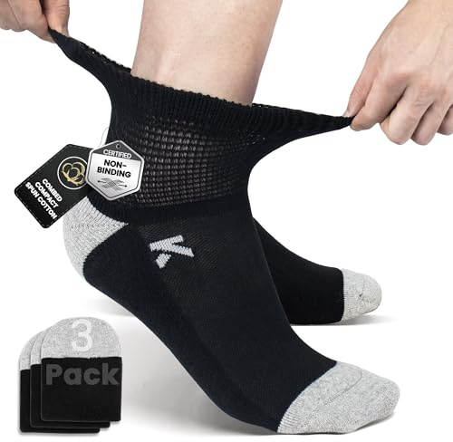 KWUKOTY Diabetikersocken mit gepolsterter Sohle, Kammgarn-Baumwolle, für Alltag & Sport, 3er-Pack Schwarz Herren & Damen Größe 38-42