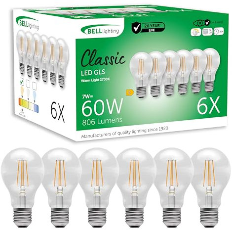 BELL Lighting E27 Edison Screw Cap Filament Dimmable Light Bulb LED GLS 6 Pack | Warm White 2700K | 810 Lumen 7W | Energy Saving GLS LED Light Bulb | 60W Lamp Equivalent