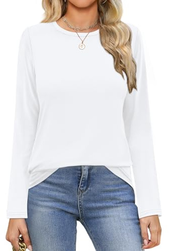 Elesomo Ladies Tops Long Sleeve Crew Neck Casual Plain T Shirts Blouses, White UK 12 14