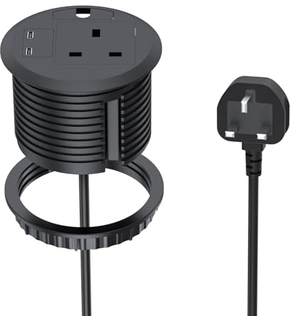 Recessed Power Socket with 1 UK Plug,Desk Power Grommet 80mm, Recessed Extension Lead with 2 USB-C Ports, 2m/6.6 FT Cable for Home Furniture Office, Black